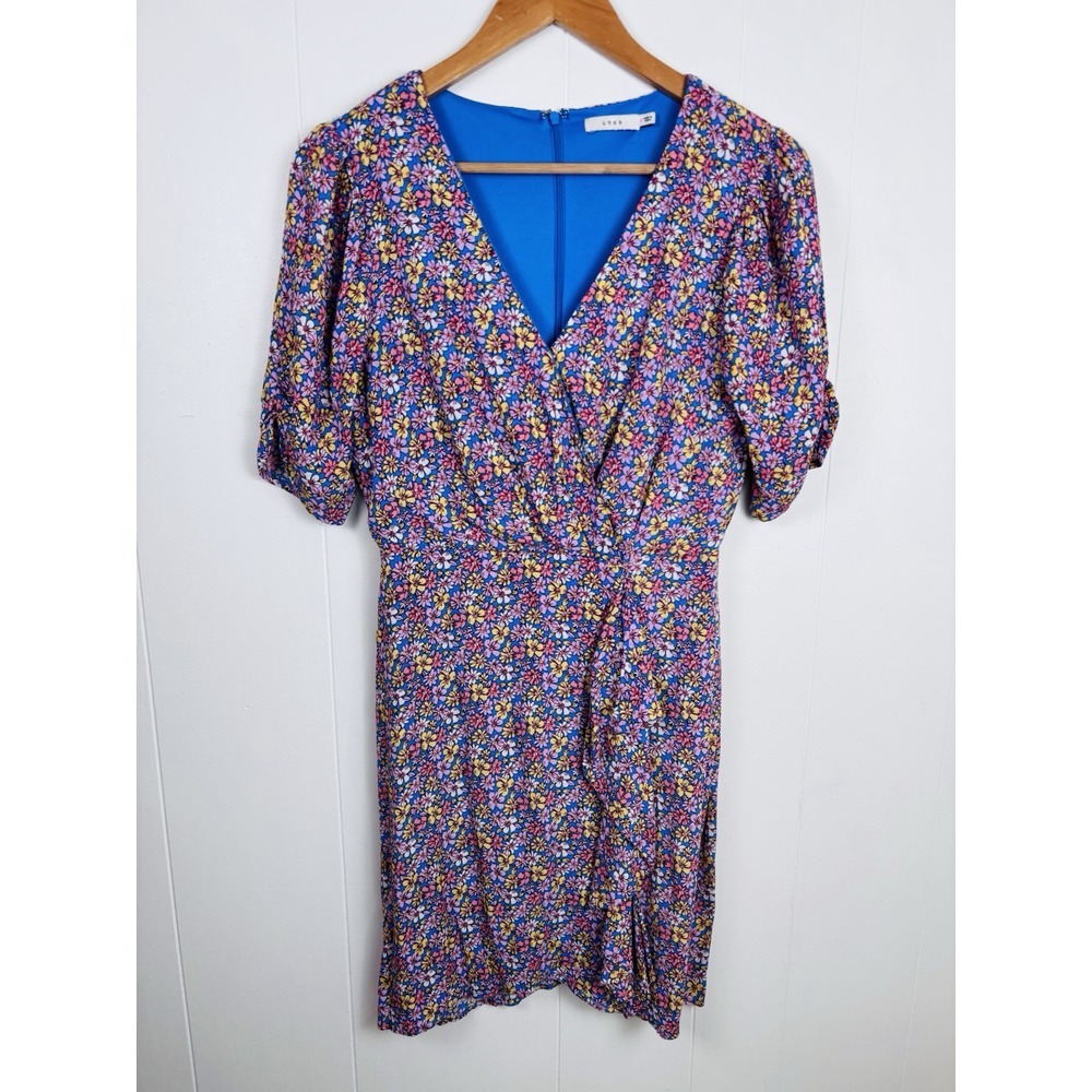 LUSH Small Ditsy Blue Floral Mini Dress Front Back Vee Ruffled Hem 3/4 Sleeves